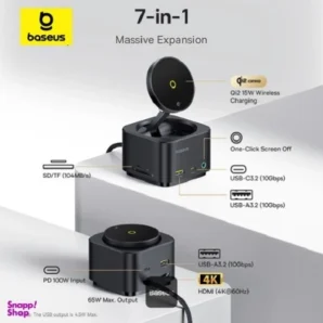 هاب USB-C باسئوس مدل MagPro Series II با ۷ پورت و شارژ بی‌سیم ۱۵ وات