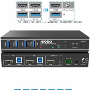 KVM سوئیچ 2 پورت HDMI/USB3.0 با کیفیت 4K@60Hz فرانت